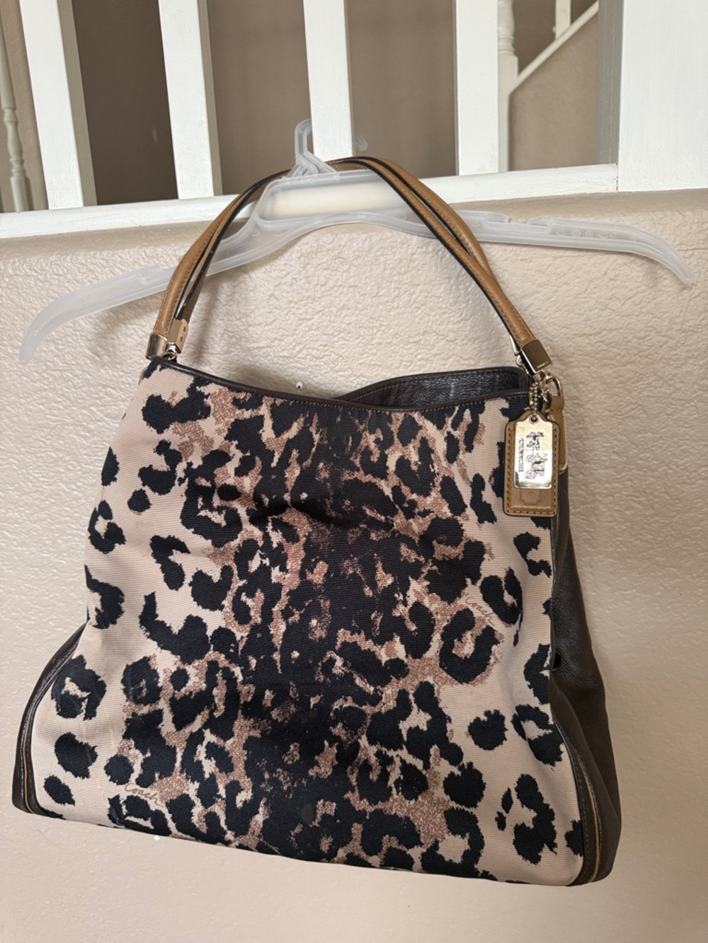 Coach Leopard Print Shoulder Bag - Black/Brown/Cream